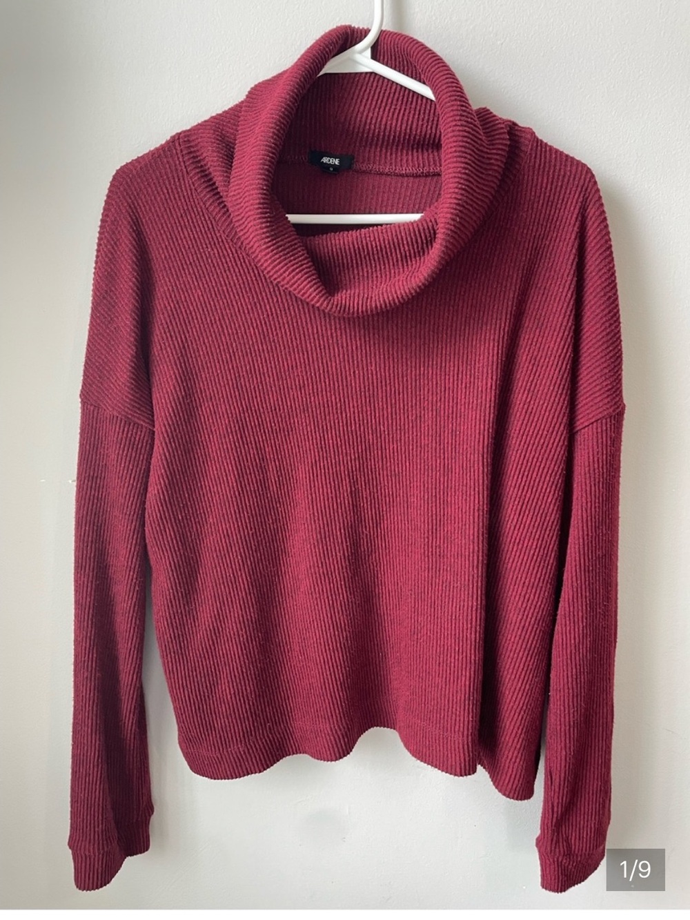 Burgundy Cowl Neck Ribbed Sweater L - Picture 10 of 10